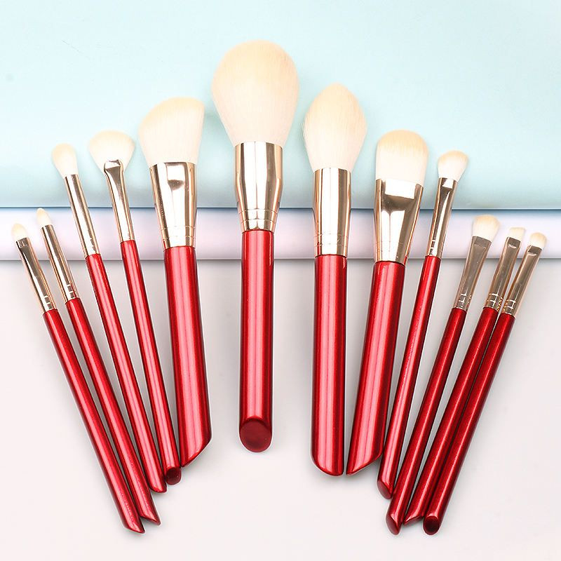 12 Pcs Cute Red Wood Handle Luxury Makeup Brush Set