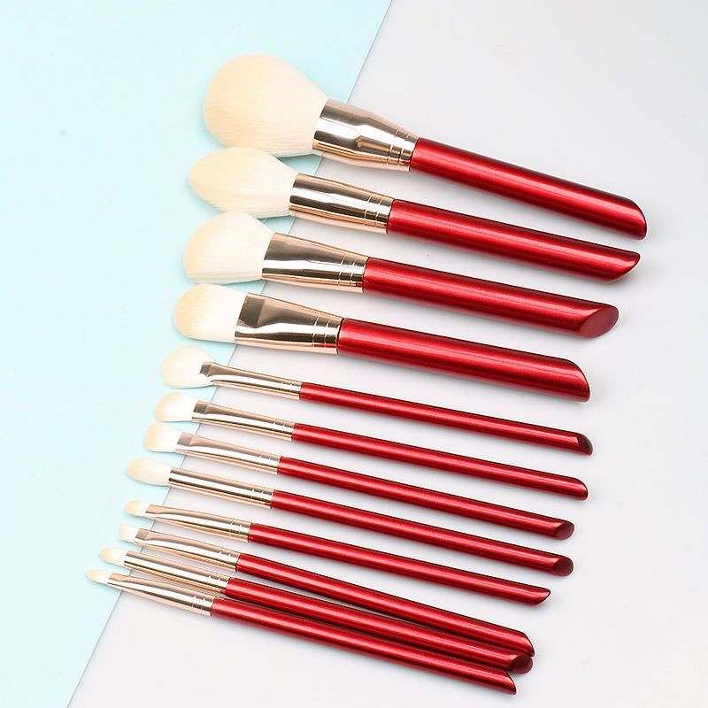 12 Pcs Cute Red Wood Handle Luxury Makeup Brush Set